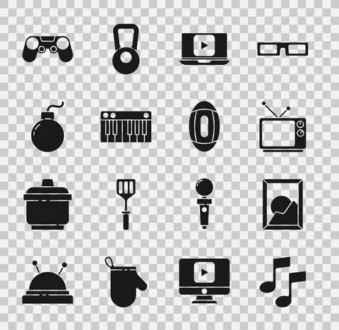 Set Music note, tone, Picture landscape, Retro tv, Online play video Stock Illustration