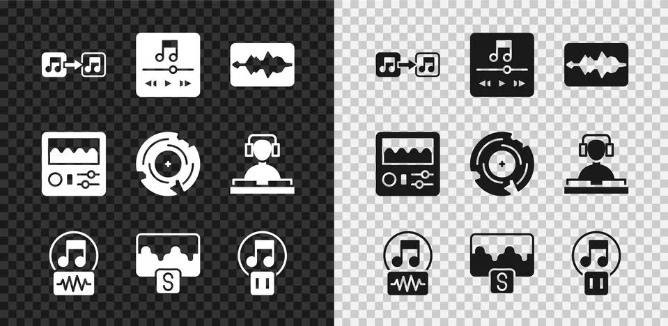 Set Music note, tone, player, wave equalizer, Pause button, Drum machine and Stock Illustration