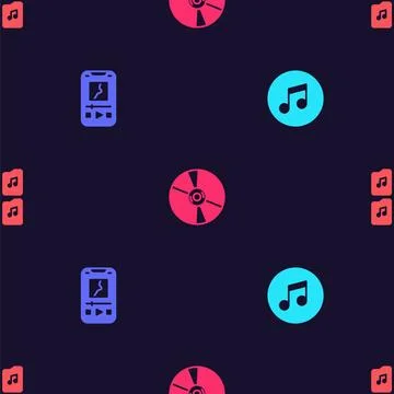 Set Music note, tone, player, CD or DVD disk and file document on seamless pa Stockillustratie