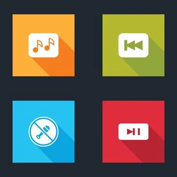 Set Music note, tone, Rewind button, Mute microphone and Pause icon. Vector Illustrazione stock