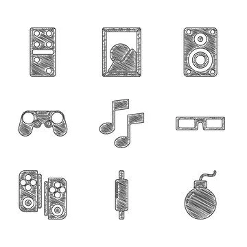 Set Music note, tone, Rolling pin, Bomb ready explode, Cinema glasses, Gamepa 스톡 일러스트