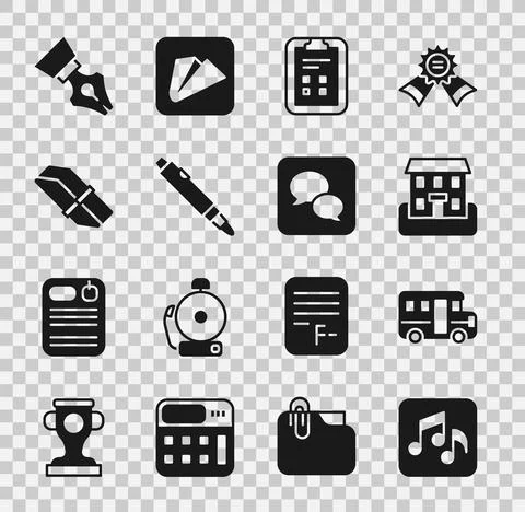 Set Music note, tone, School Bus, building, Exam sheet with check mark, Marker Ilustración de archivo