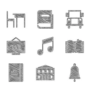 Set Music note, tone, School building, Ringing bell, Open book, Spiral notebook Ilustración de archivo