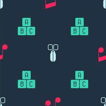 Set Music note, tone, Scissors and ABC blocks on seamless pattern. Vector Illustrazione stock