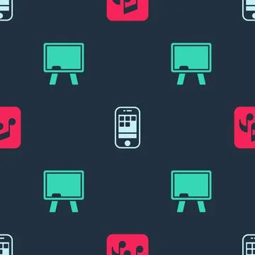 Set Music note, tone, Smartphone and Chalkboard on seamless pattern. Vector Illustrazione stock