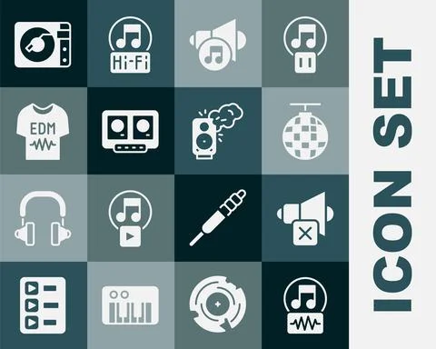 Set Music note, tone, Speaker mute, Disco ball, volume, DJ remote and mixing Stock Illustration