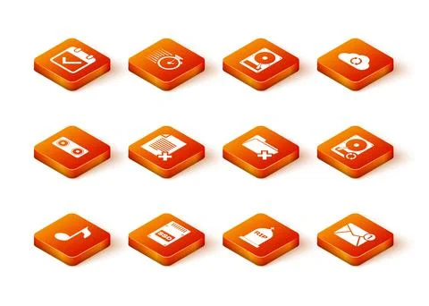 Set Music note, tone, SSD card, Stereo speaker, Delete file document, Tombstone Illustrazione stock