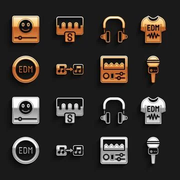 Set Music note, tone, T-shirt, Microphone, Drum machine, EDM electronic dance Illustrazione stock