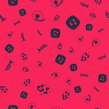 Set Music note, tone, Vinyl player, Trumpet and on seamless pattern. Vector Stock Illustration