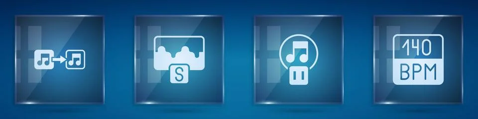 Set Music note, tone, wave equalizer, Pause button and Bitrate. Square glass Stock Illustration