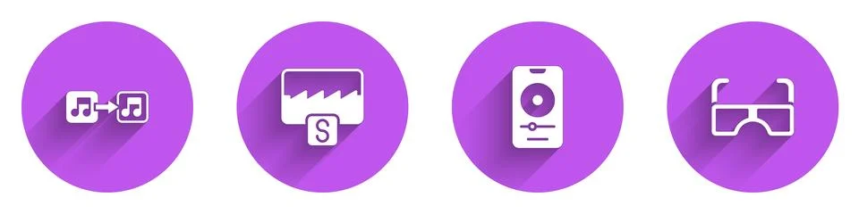 Set Music note, tone, wave equalizer, player and Glasses icon with long shadow 스톡 일러스트