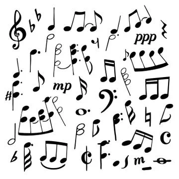 Set of music notes hand drawn cartoon vector illustration. Black silhouette Illustrazione stock