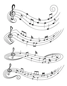 Set of music notes on staves. Music staff black notes symbols in rounded corners Stock Illustration