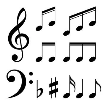 Set of music notes vector. Black and white silhouettes Stock Illustration