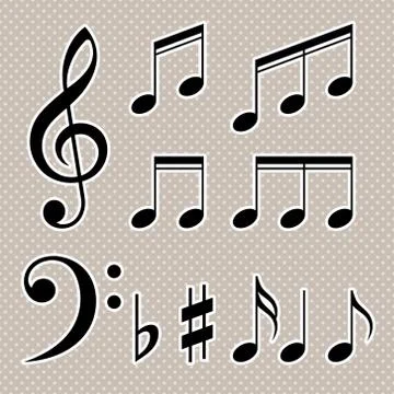 Set of music notes vector. Black and white silhouettes Stock Illustration