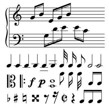 Set of music notes vector. Black and white silhouettes Illustrazione stock
