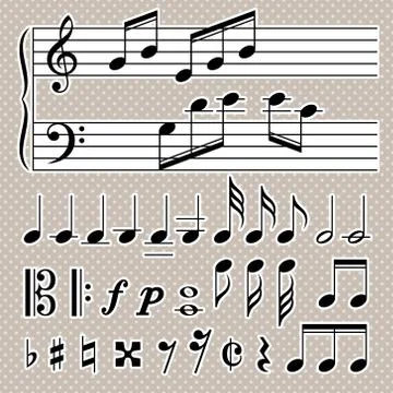 Set of music notes vector. Black and white silhouettes Stock Illustration