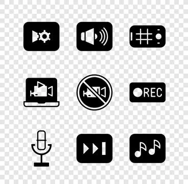 Set Music or video settings, Speaker volume, Selfie on mobile, Microphone, .. Stock Illustration
