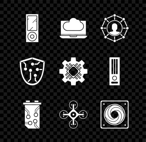 Set Music player, Cloud technology data transfer and storage, Project team base Illustrazione stock