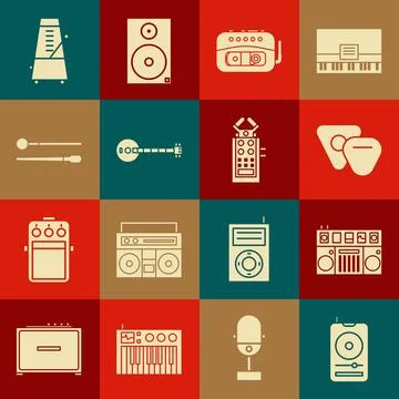 Set Music player, DJ remote for playing and mixing music, Guitar pick, tape.. Stock Illustration