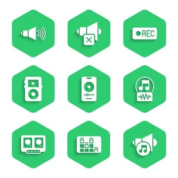 Set Music player, equalizer, Speaker volume, note, tone, DJ remote and mixing Stock Illustration