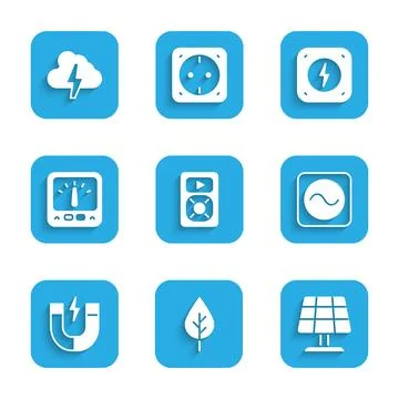 Set Music player, Leaf Eco symbol, Solar energy panel, AC voltage source, M.. Stock Illustration