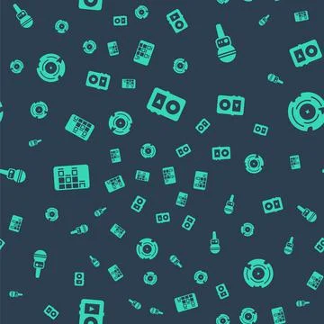 Set Music player, Microphone, equalizer and Vinyl disk on seamless pattern Stock Illustration