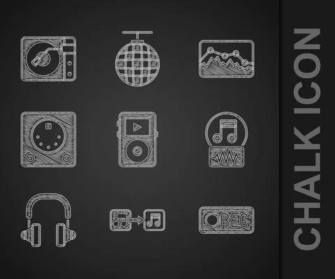 Set Music player, note, tone, Record button, Headphones, Drum machine, wave e Stock Illustration