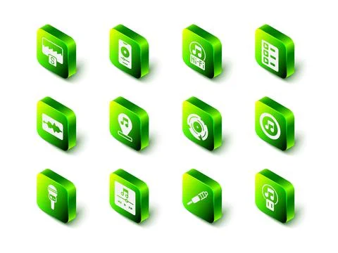 Set Music player, note, tone, playlist, Pause button, Vinyl disk, Audio jack and Stock Illustration