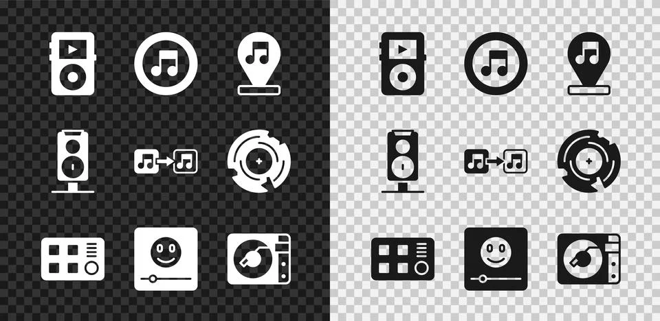 Set Music player, note, tone, Drum machine, Vinyl with vinyl disk, Stereo Illustrazione stock