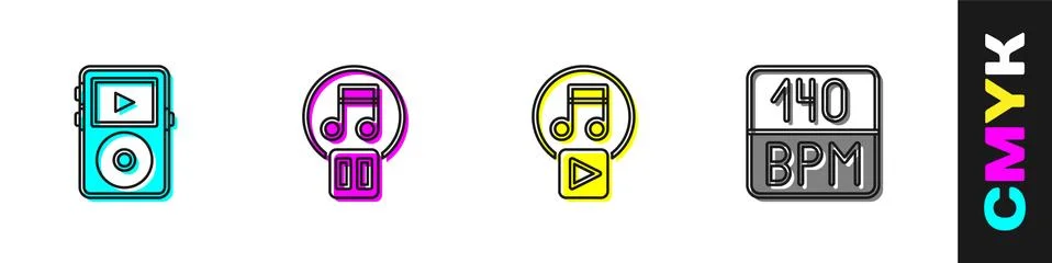 Set Music player, Pause button, Play in square and Bitrate icon. Vector Stock Illustration