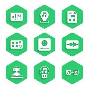 Set Music player, Pause button, note, tone, wave equalizer, DJ playing music Stock Illustration