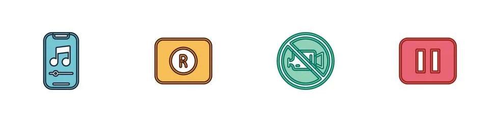Set Music player, Record button, Prohibition no video recording and Pause ico Stock Illustration