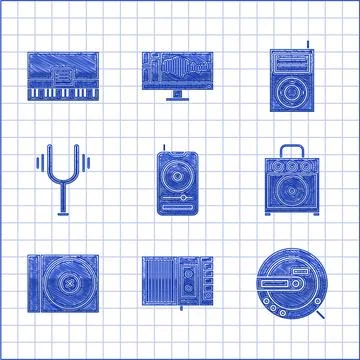 Set Music player, tape, CD, Guitar amplifier, or DVD disk, Musical tuning f.. Stock Illustration