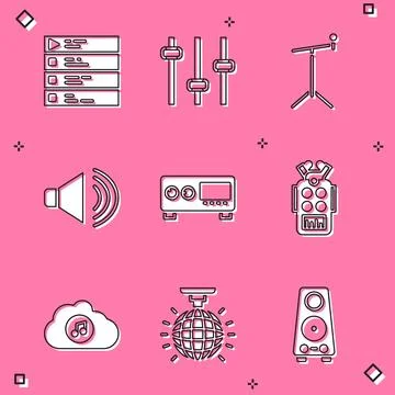 Set Music playlist, equalizer, Microphone with stand, Speaker volume, Guita.. イラスト素材