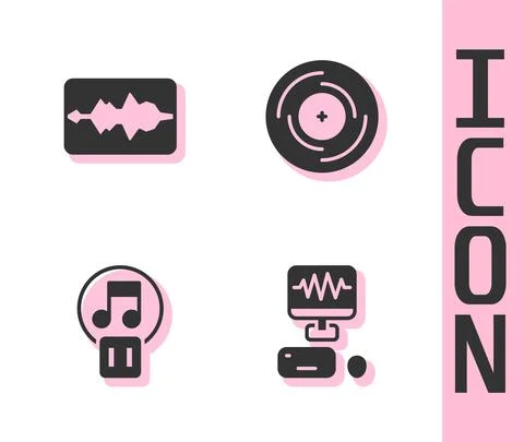 Set Music recording studio, wave equalizer, Pause button and Vinyl disk icon Illustrazione stock