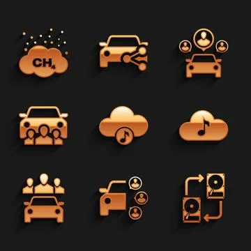 Set Music streaming service, Car sharing, Data exchange with hhd, , and ico.. Ilustración de archivo