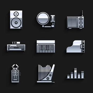 Set Music synthesizer, Harp, equalizer, Grand piano, Microphone, CD player,.. Stock Illustration