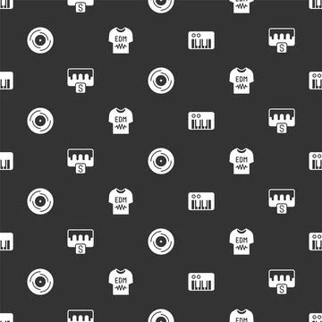 Set Music synthesizer, wave equalizer, Vinyl disk and T-shirt on seamless 스톡 일러스트