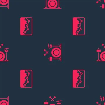Set Music wave equalizer and Drums on seamless pattern. Vector 스톡 일러스트