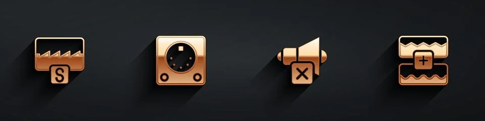 Set Music wave equalizer, Drum machine, Speaker mute and icon with long shadow Illustrazione stock