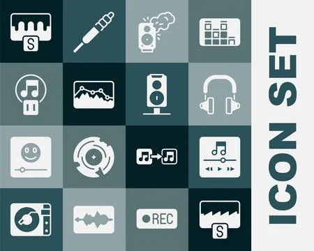 Set Music wave equalizer, player, Headphones, Stereo speaker, Pause button, and イラスト素材