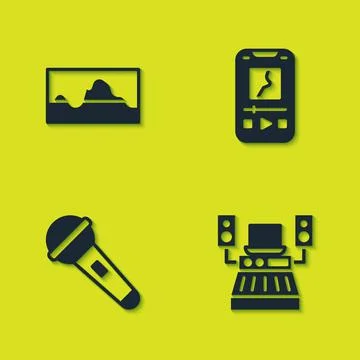 Set Music wave equalizer, recording studio, Microphone and player icon. Vector Stock Illustration