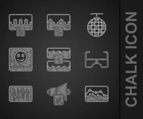 Set Music wave equalizer, Speaker mute, Glasses, Sound mixer controller, play Stock Illustration
