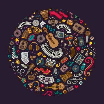Set of Musical cartoon doodle objects Illustrazione stock