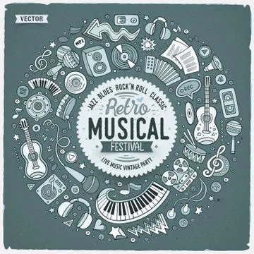 Set of Musical cartoon doodle objects, symbols and items 스톡 일러스트