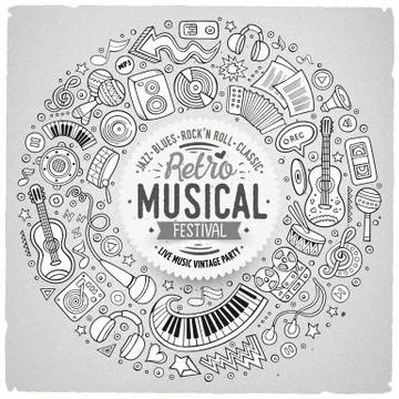 Set of Musical cartoon doodle objects, symbols and items Illustrazione stock