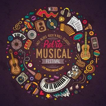 Set of Musical cartoon doodle objects, symbols and items Stock Illustration