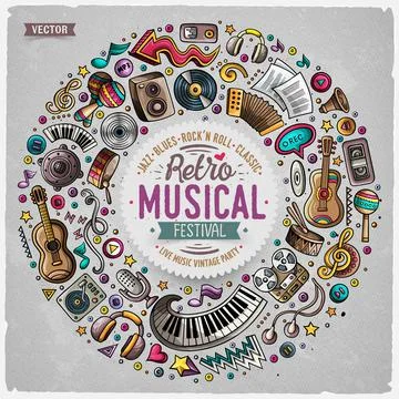 Set of Musical cartoon doodle objects, symbols and items Stock Illustration