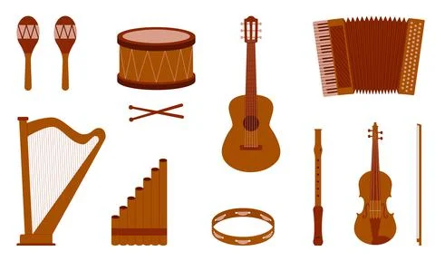 Set of musical instruments. Acoustic, wind and percussion instruments and Stock Illustration